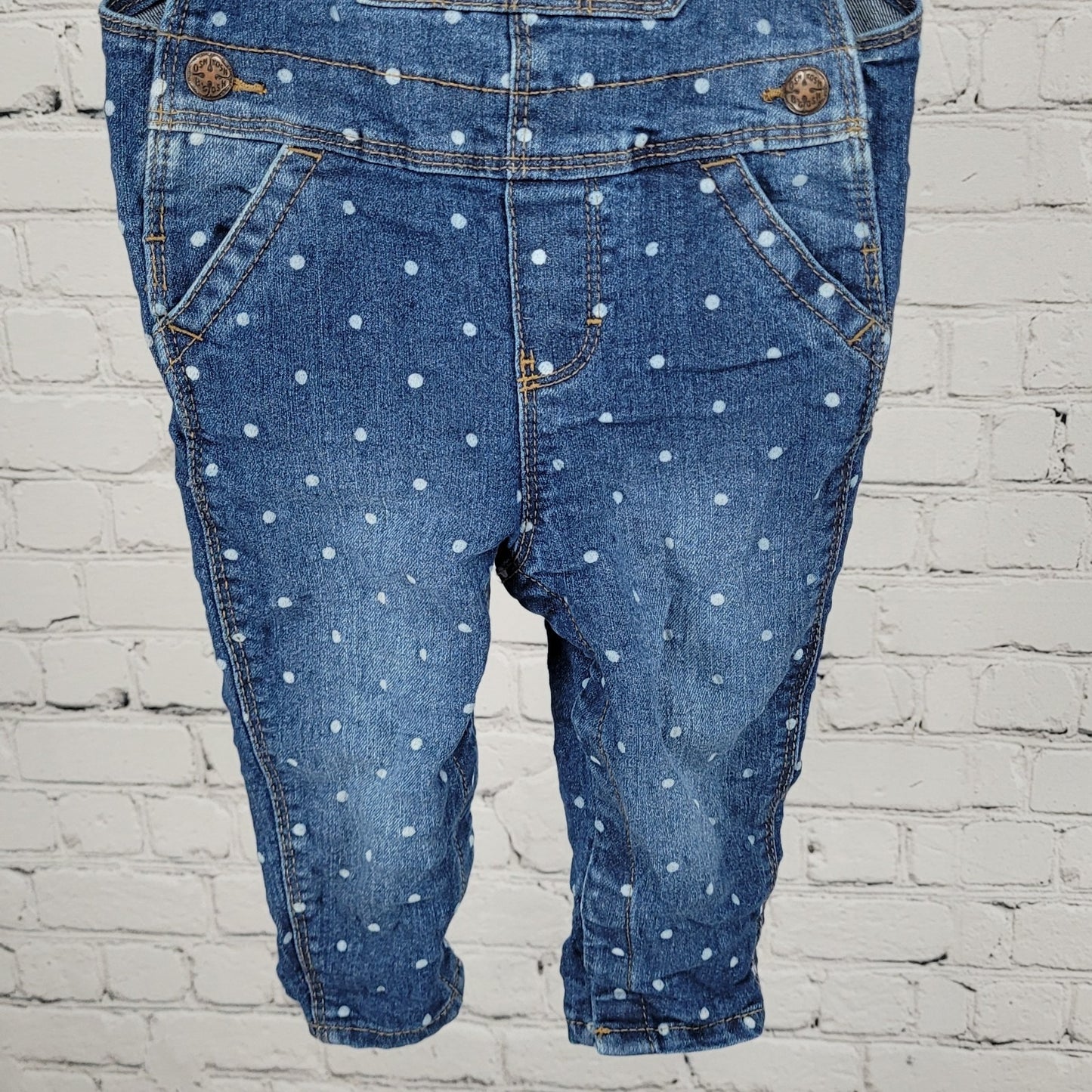 OshKosh B'Gosh Blue Denim Polka Dot Snap Pants Vestbak Overalls Baby 12M