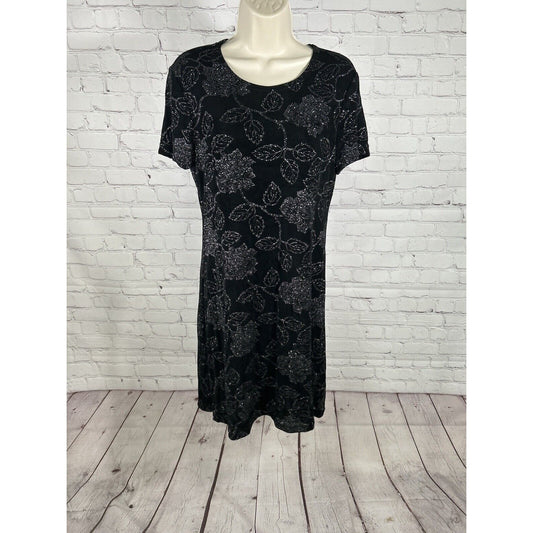VTG SL Petites Black Silver Glitter Rose Short Sleeve Shift Dress Women’s 10P