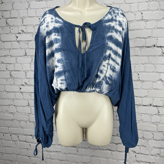 Lulu’s Blue Tie Dye Boho Kimono Long Sleeve Cropped Blouse Key Hole Top USA S