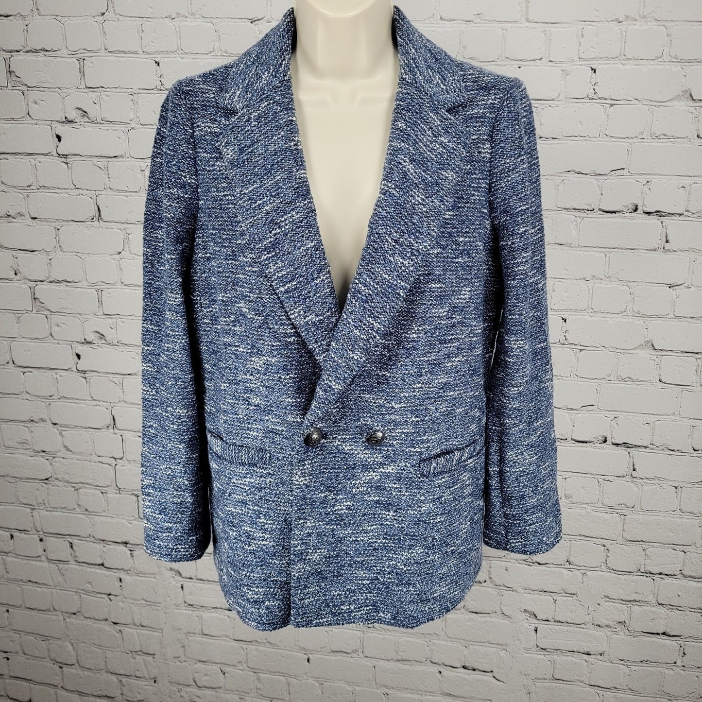 Talbots Blue Textured Double Breasted Button Notch Blazer Suit Jacket Petite 8P