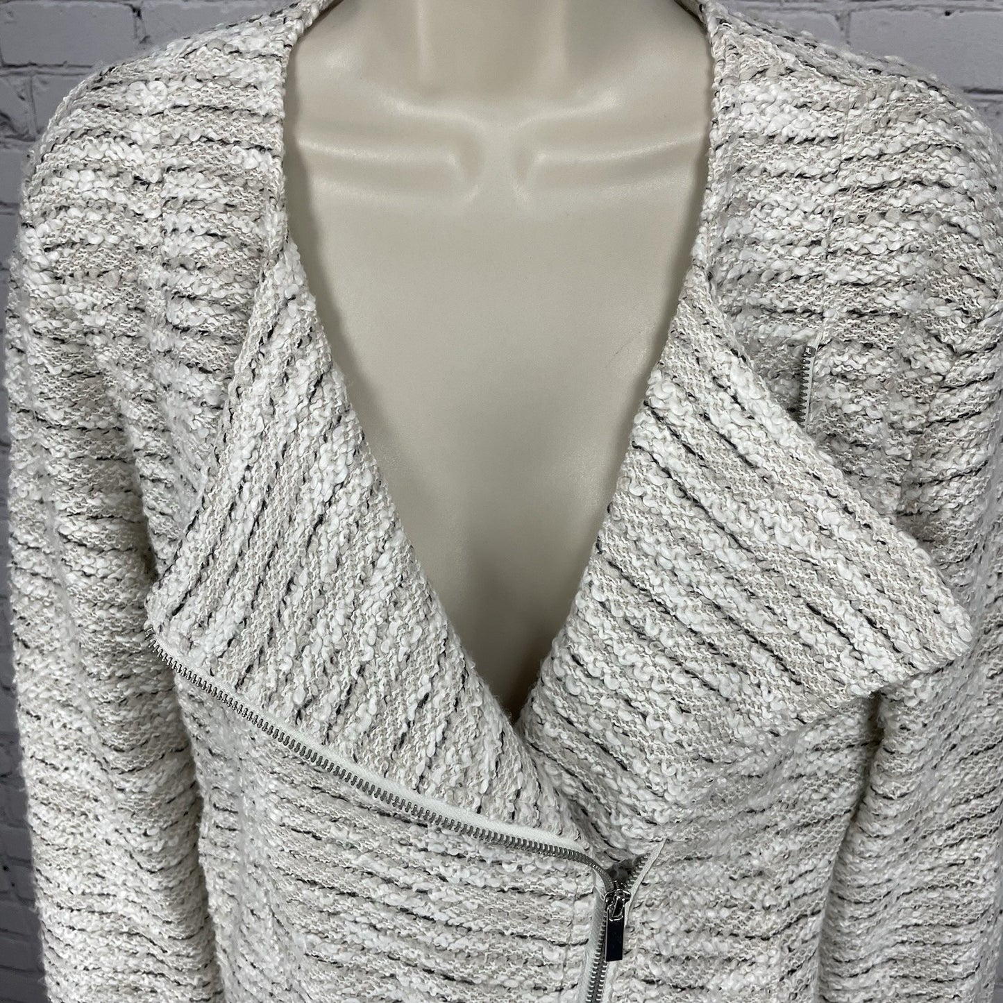 Bagatelle Ivory Knit Asymmetric Zipped Unlined Pockets Moto Jacket Size Large L