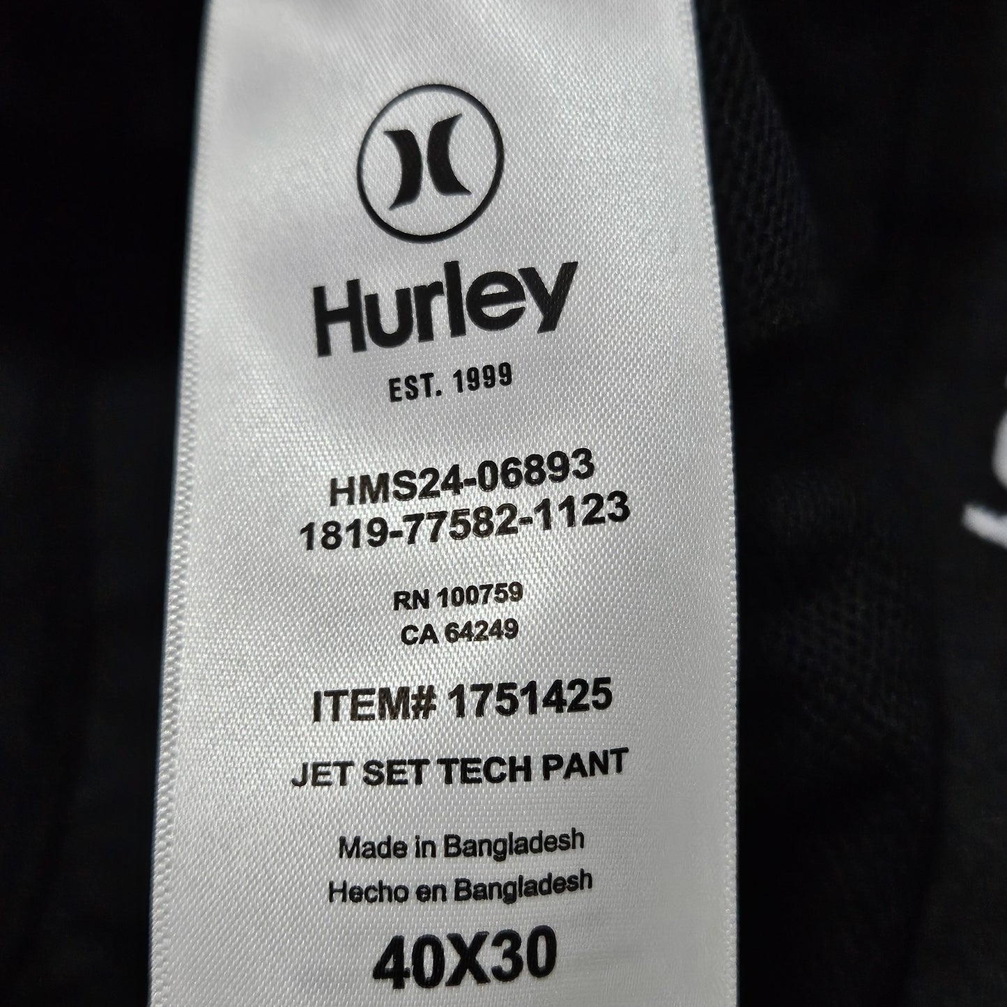 Hurley Black Jet Set Tech Pant Stretch Straight Leg Zip Pocket Casual 40x30