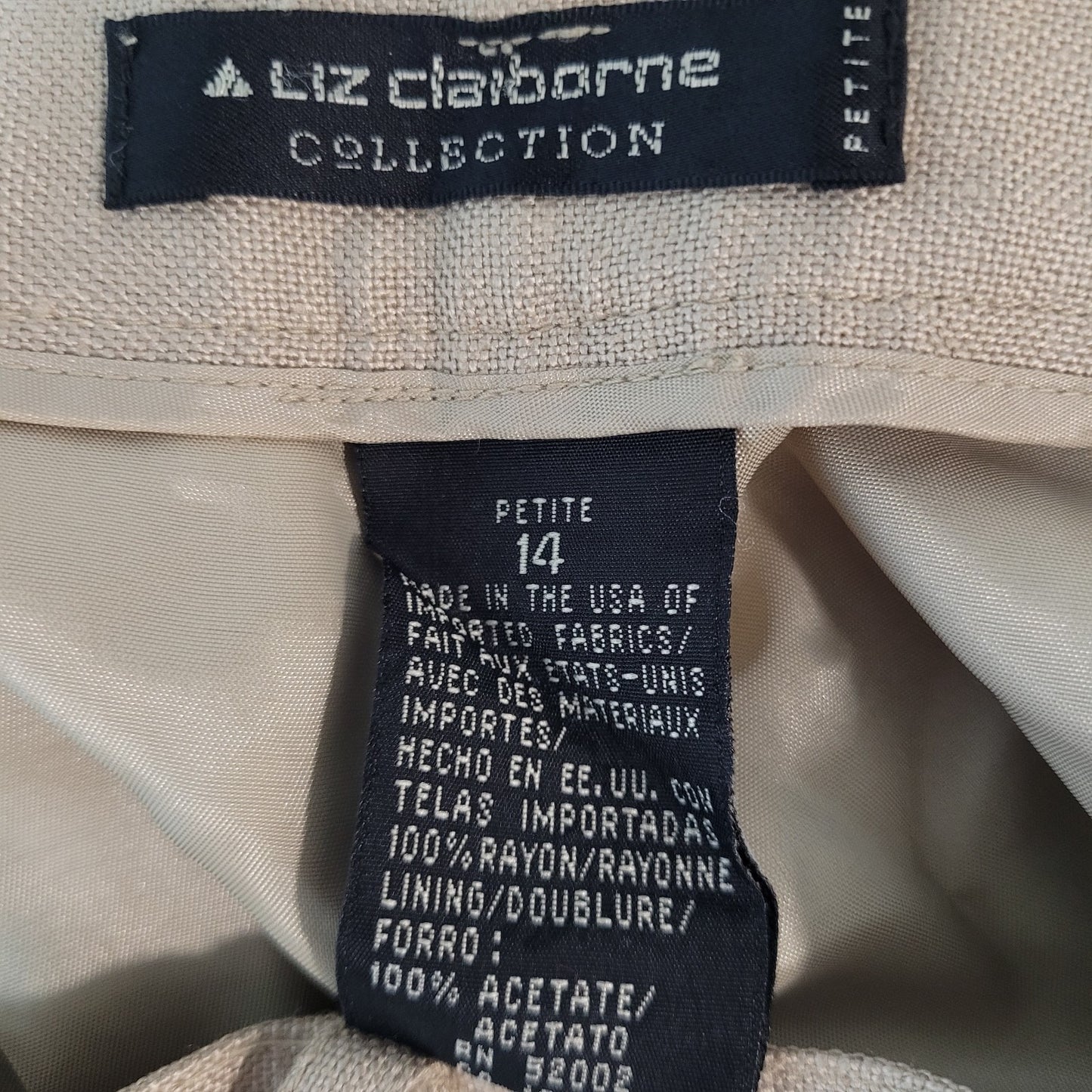 Liz Claiborne Beige Pleated High Rise Tapered Pants USA Made Size 14P (30x27.5)