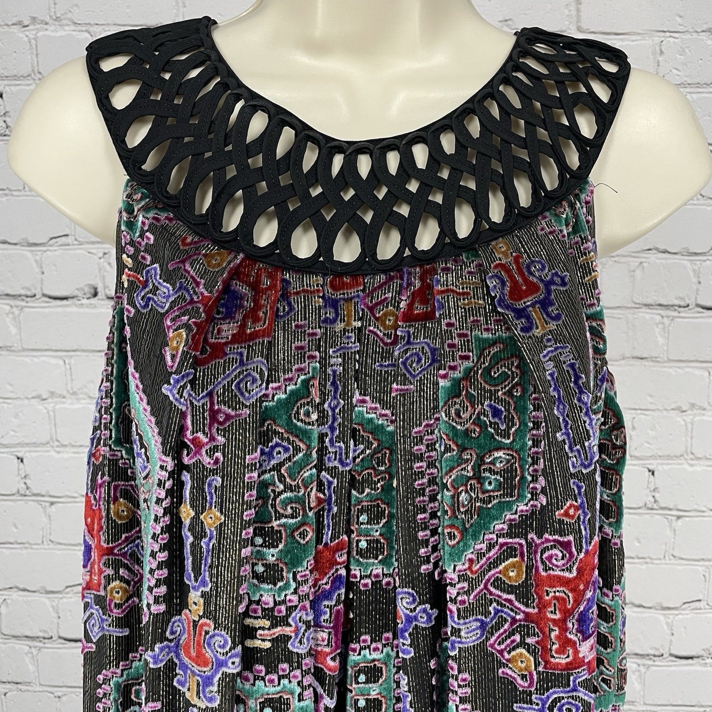 Moulinette Soeurs Gold Velvet Print Pleated Short Lined Dress Size Medium M