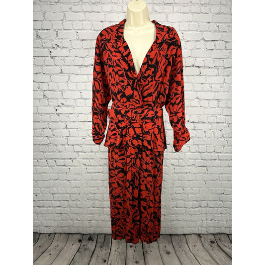 VTG Moza USA Red Black V Neck Belted Pegged Long Sleeve Dress 13/14
