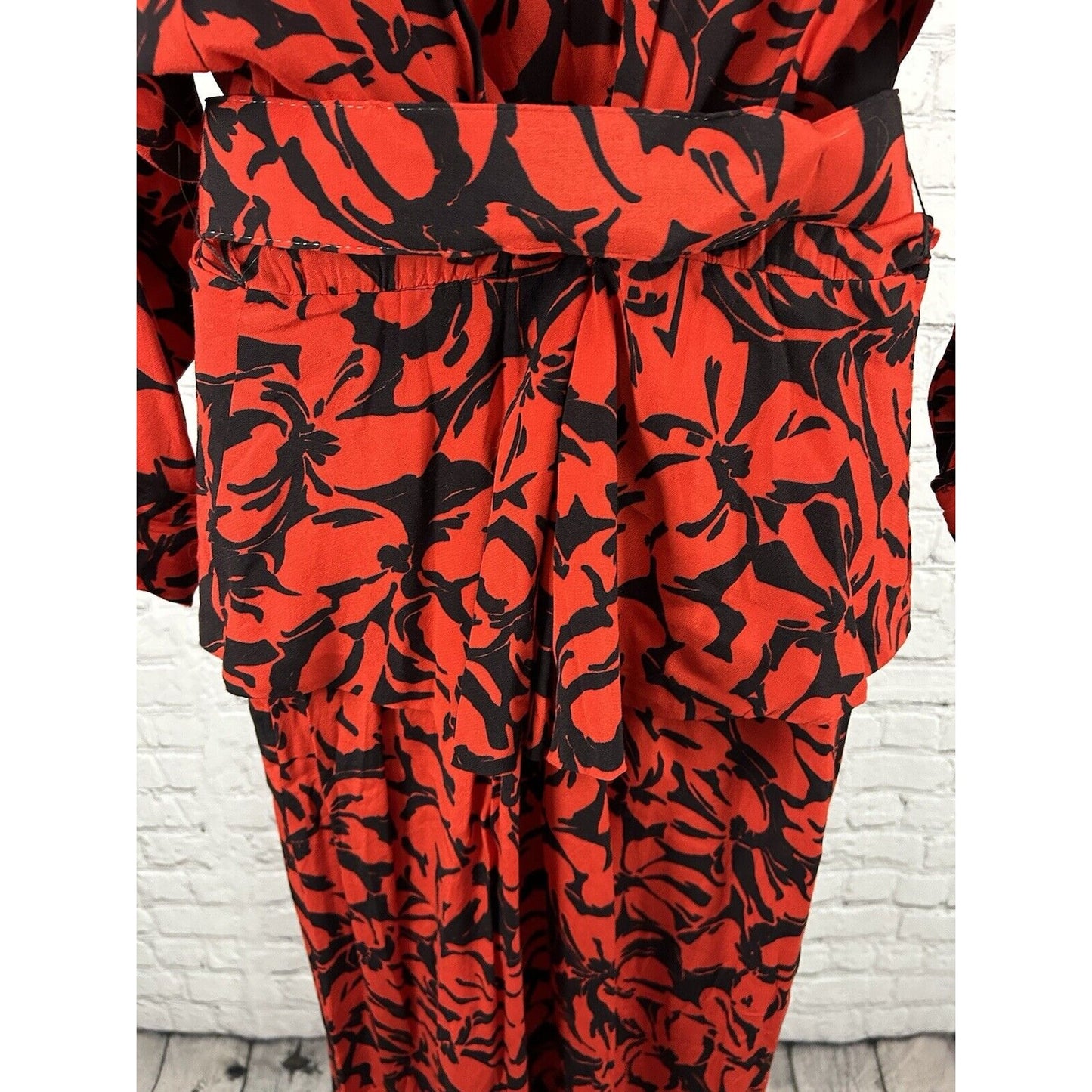 VTG Moza USA Red Black V Neck Belted Pegged Long Sleeve Dress 13/14