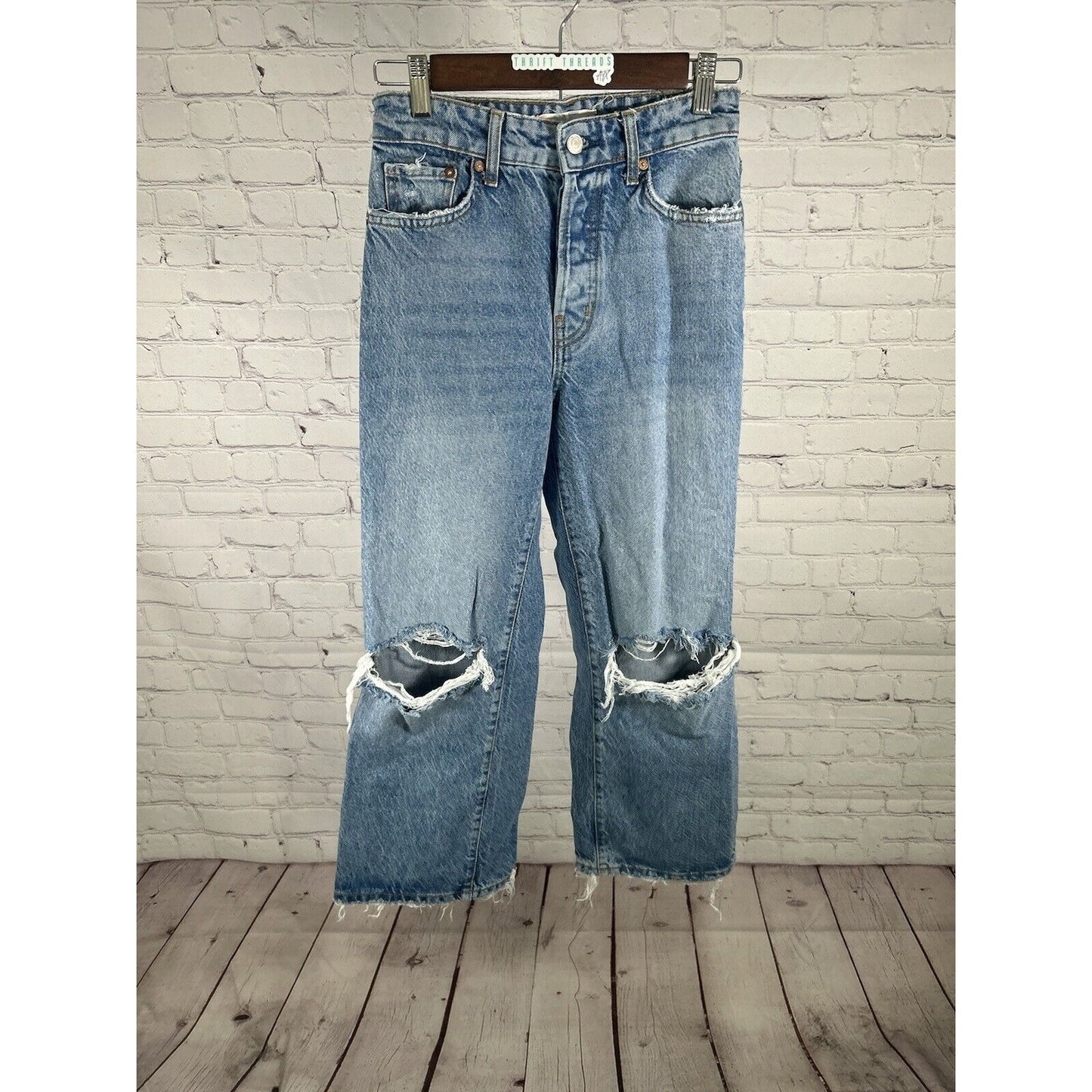 We The Free Free People Distressed Wide Leg Baggy Blue Jeans Womens 25 (25 x 24)