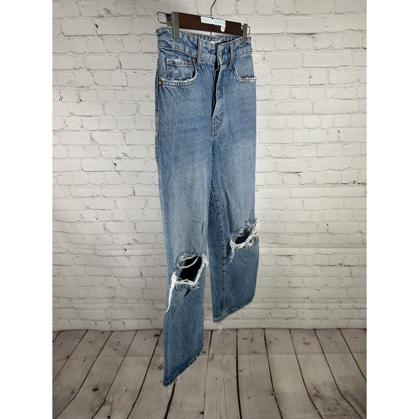 We The Free Free People Distressed Wide Leg Baggy Blue Jeans Womens 25 (25 x 24)