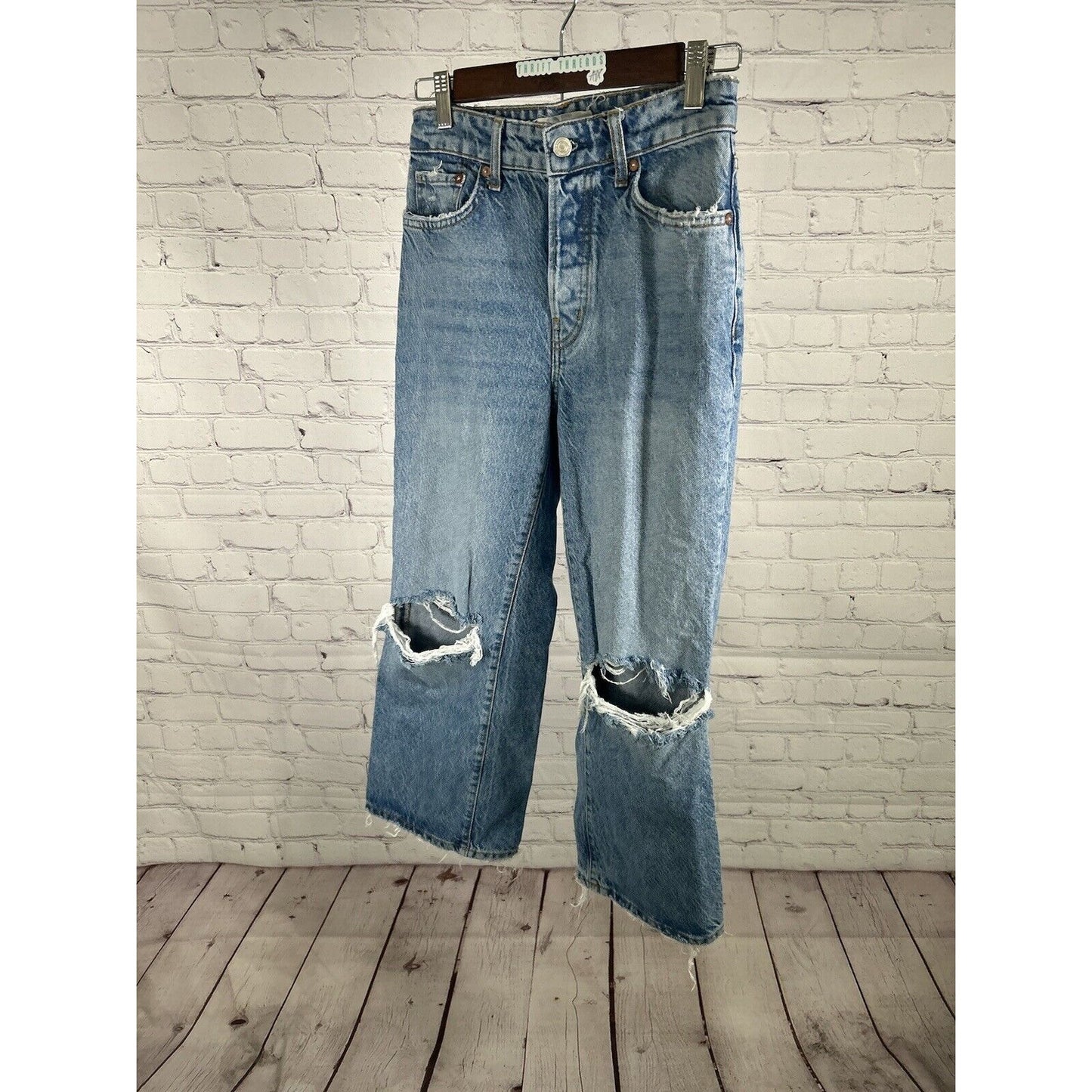 We The Free Free People Distressed Wide Leg Baggy Blue Jeans Womens 25 (25 x 24)
