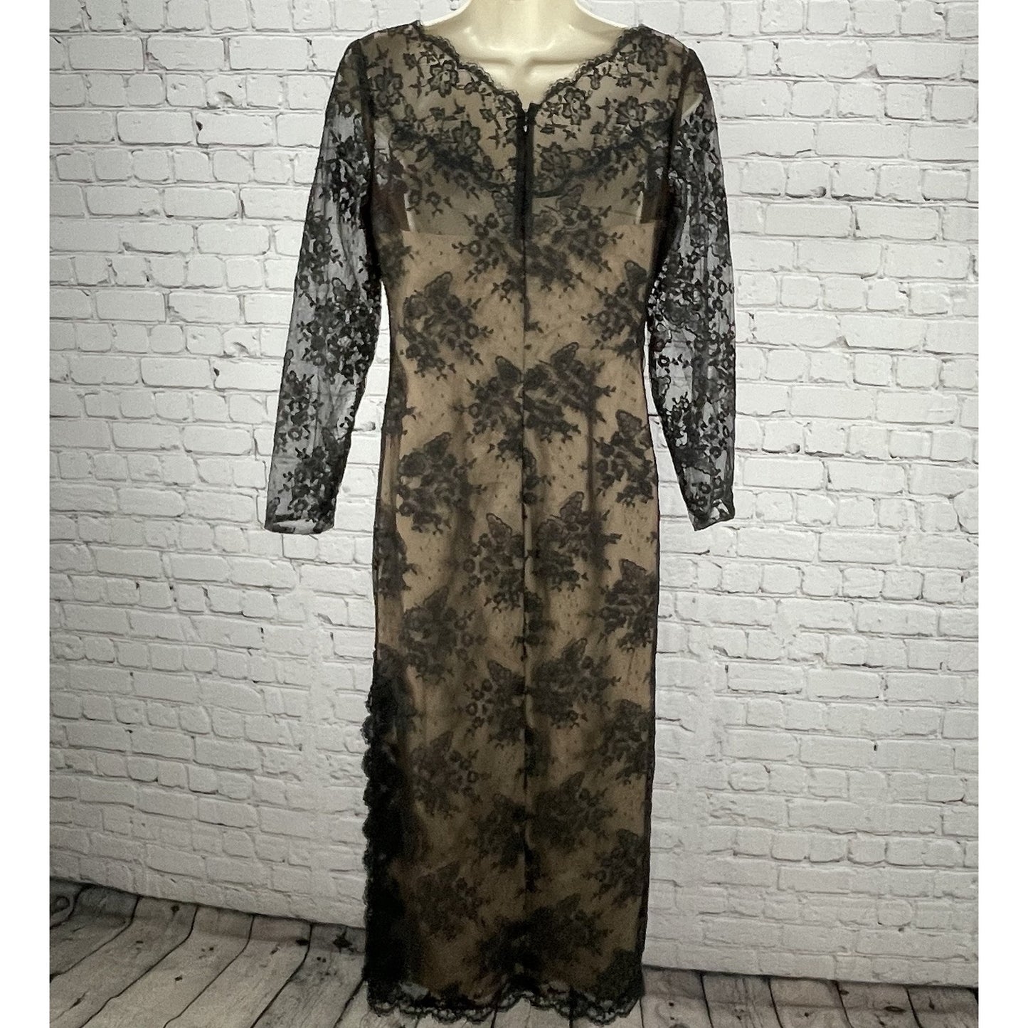 VTG Victor Costa Black Lace Long Sleeve Lined Zipped Shift Dress USA Size 6