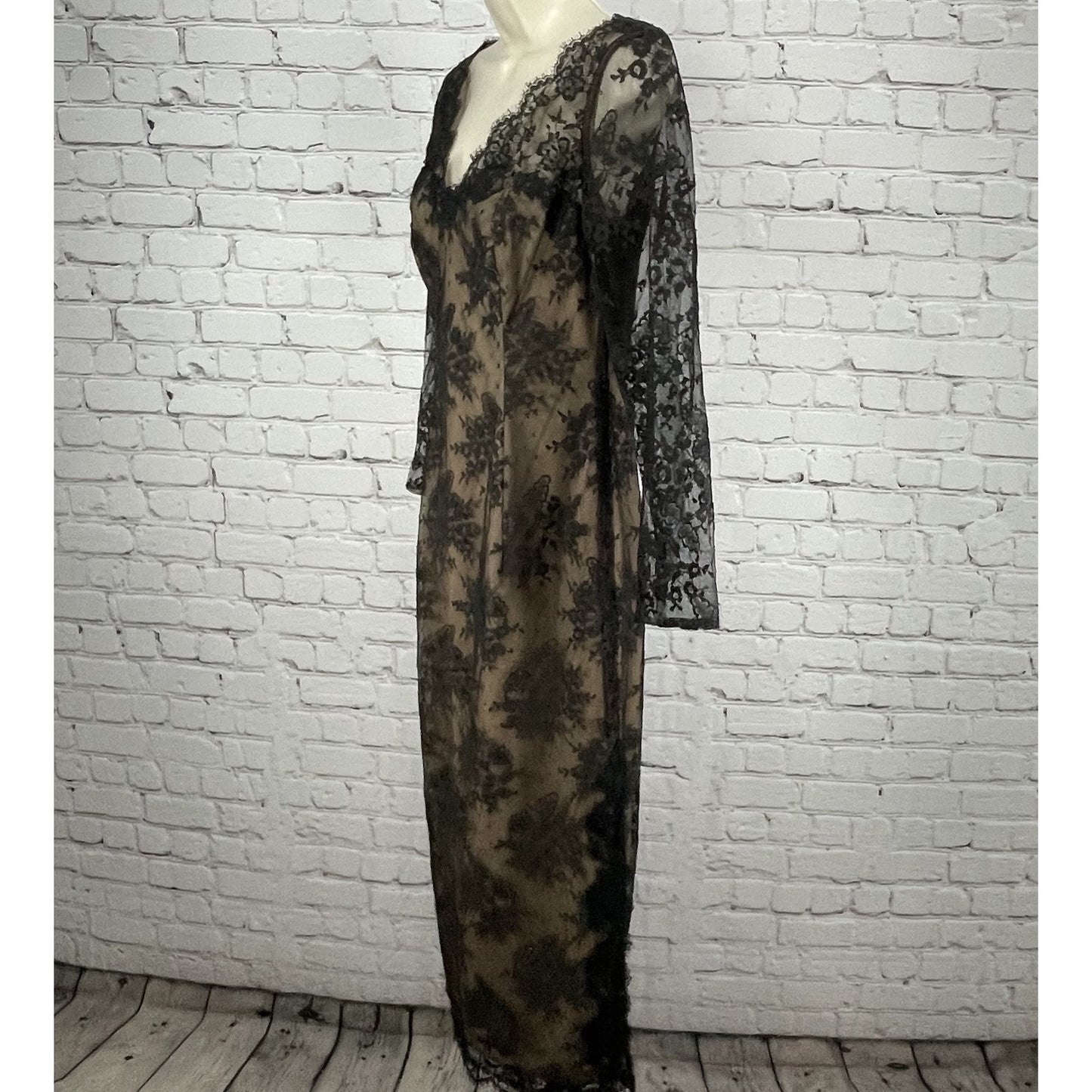 VTG Victor Costa Black Lace Long Sleeve Lined Zipped Shift Dress USA Size 6