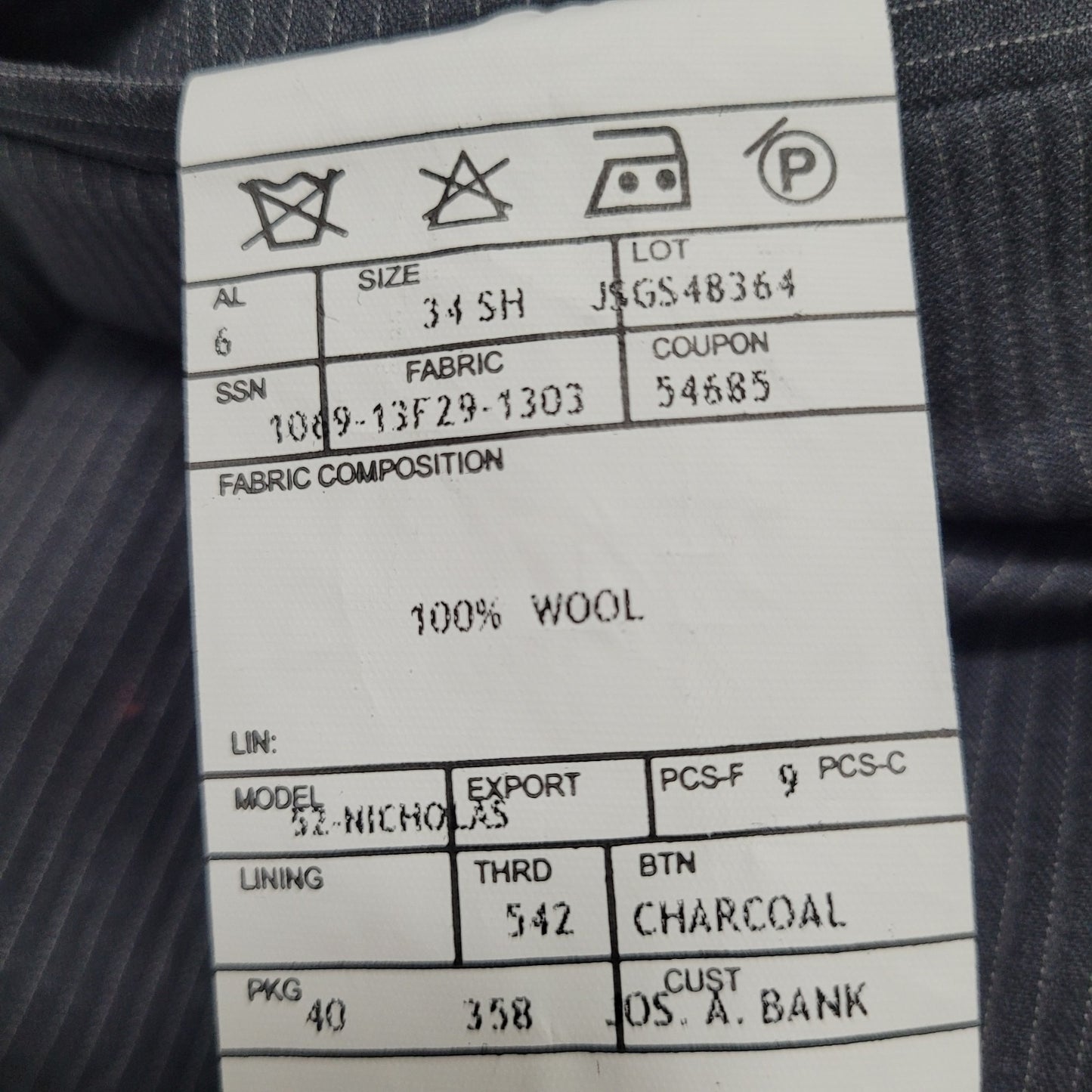 Jos A Bank Charcoal Nicholas 100% Wool Pinstriped Flat Front Dress Pants 34x28.5