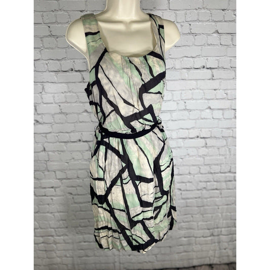 Odille Anthropologie Green Black Short Sleeveless Tied Waist Pockets Dress M