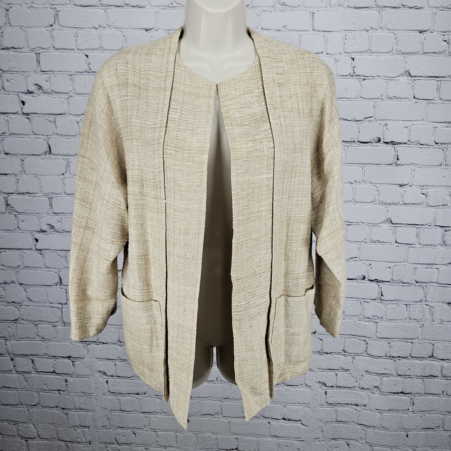 VTG K. Benson Beige 100% Silk Textured Open 3/4 Sleeve Lined Jacket Medium M