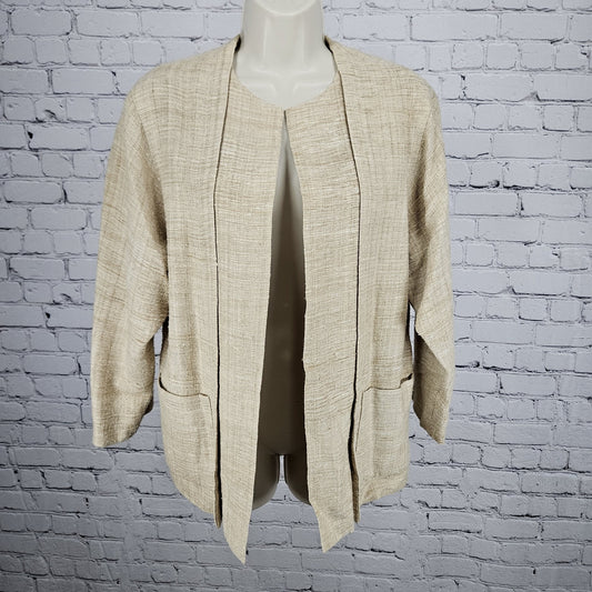 VTG K. Benson Beige 100% Silk Textured Open 3/4 Sleeve Lined Jacket Medium M