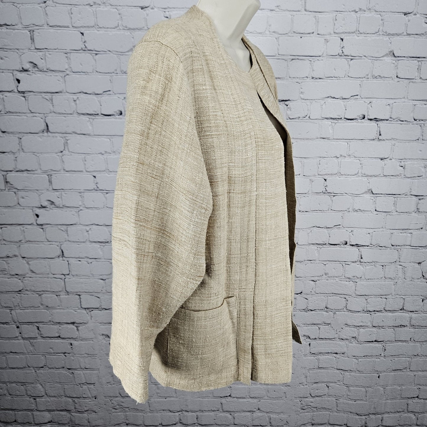 VTG K. Benson Beige 100% Silk Textured Open 3/4 Sleeve Lined Jacket Medium M