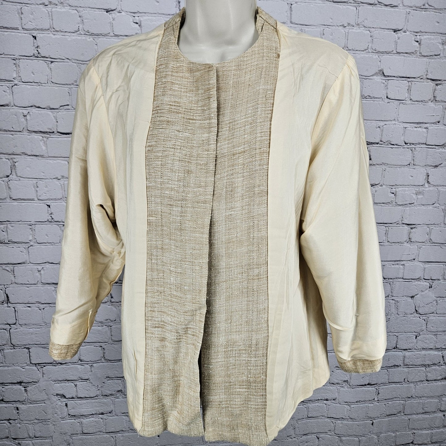 VTG K. Benson Beige 100% Silk Textured Open 3/4 Sleeve Lined Jacket Medium M