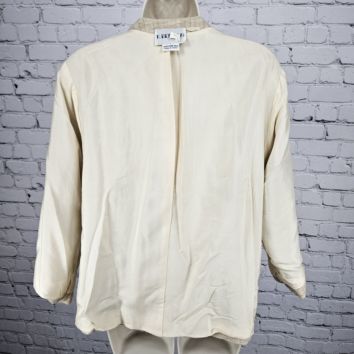 VTG K. Benson Beige 100% Silk Textured Open 3/4 Sleeve Lined Jacket Medium M