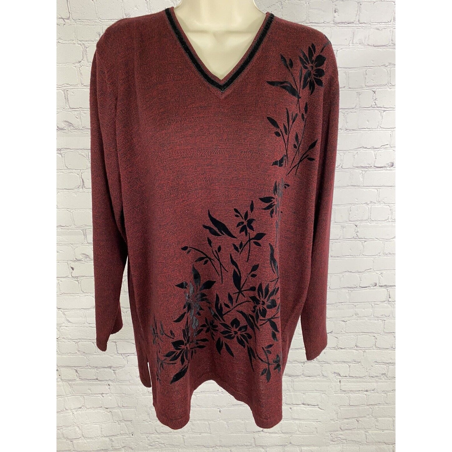 Karen Scott Merino Wool Blend Red Black Velvet Flower Sweater Australia Made L
