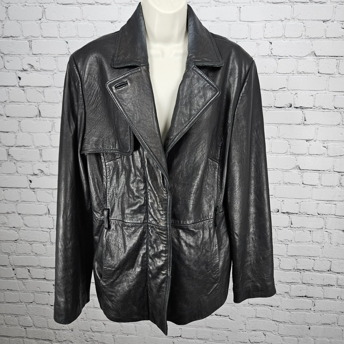 Worthington Black Genuine Lambskin Leather Snap Lined Blazer Style Jacket Large
