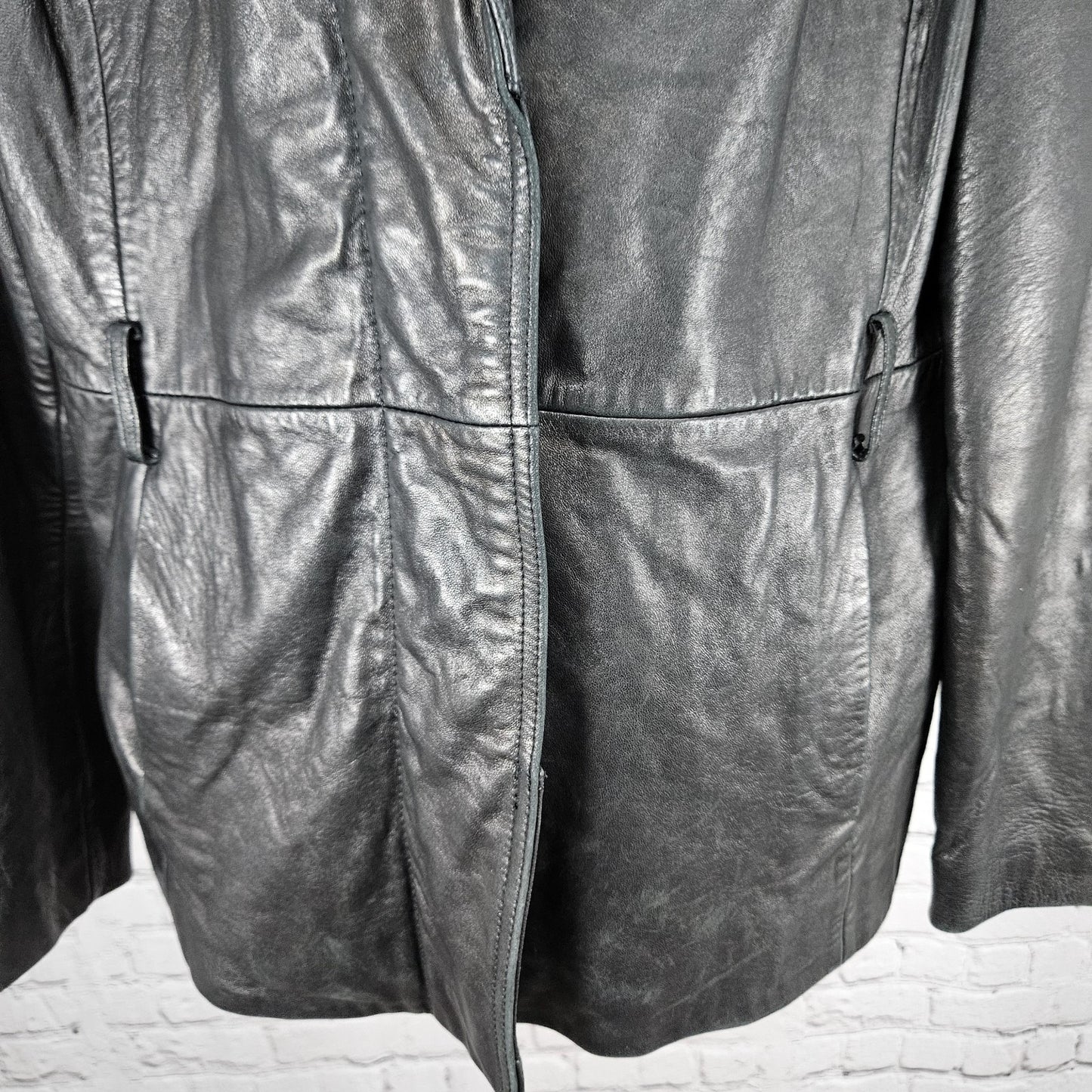 Worthington Black Genuine Lambskin Leather Snap Lined Blazer Style Jacket Large