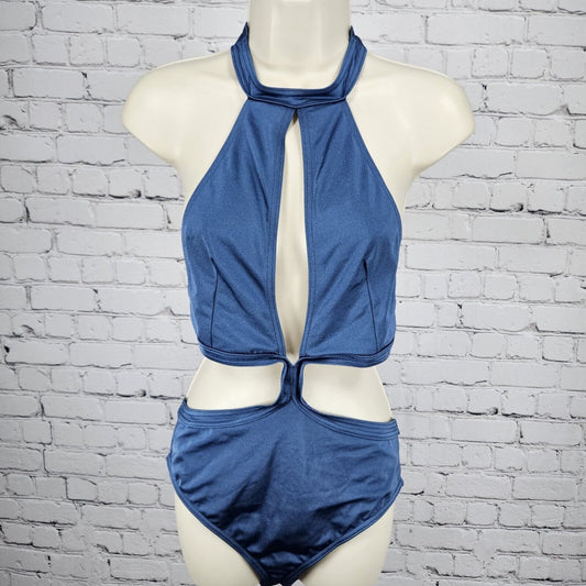 Lost Ink Metalic Blue ASOS 1 Piece Halter Top Cut Out Swim Suit Size US 10