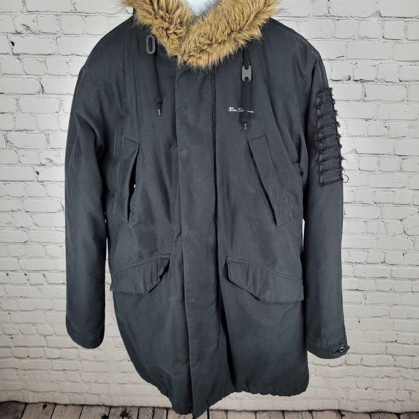 Ben Sherman Black World Tour Fur Hooded Full Zip Insulated Parka Coat Size 3 L