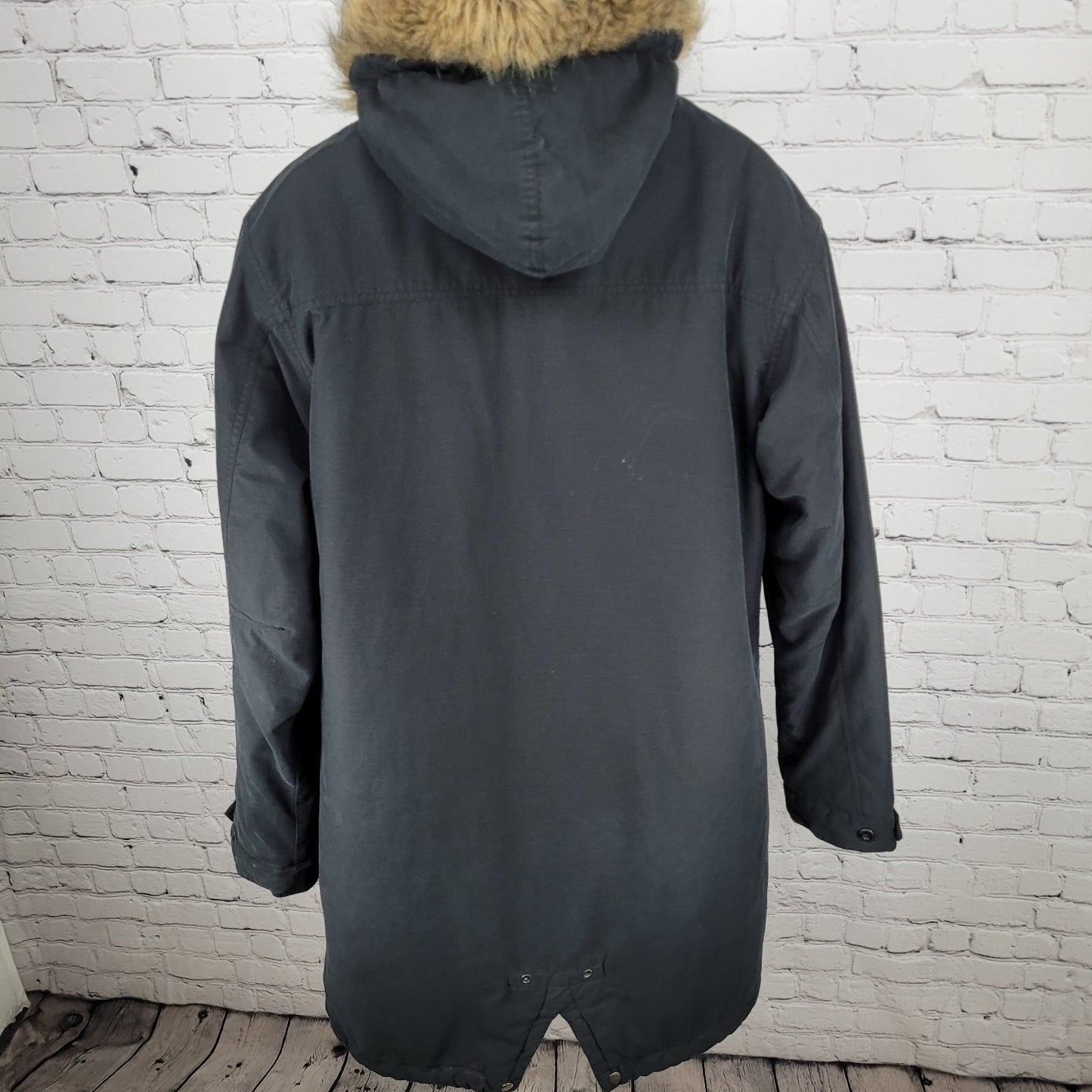 Ben Sherman Black World Tour Fur Hooded Full Zip Insulated Parka Coat Size 3 L