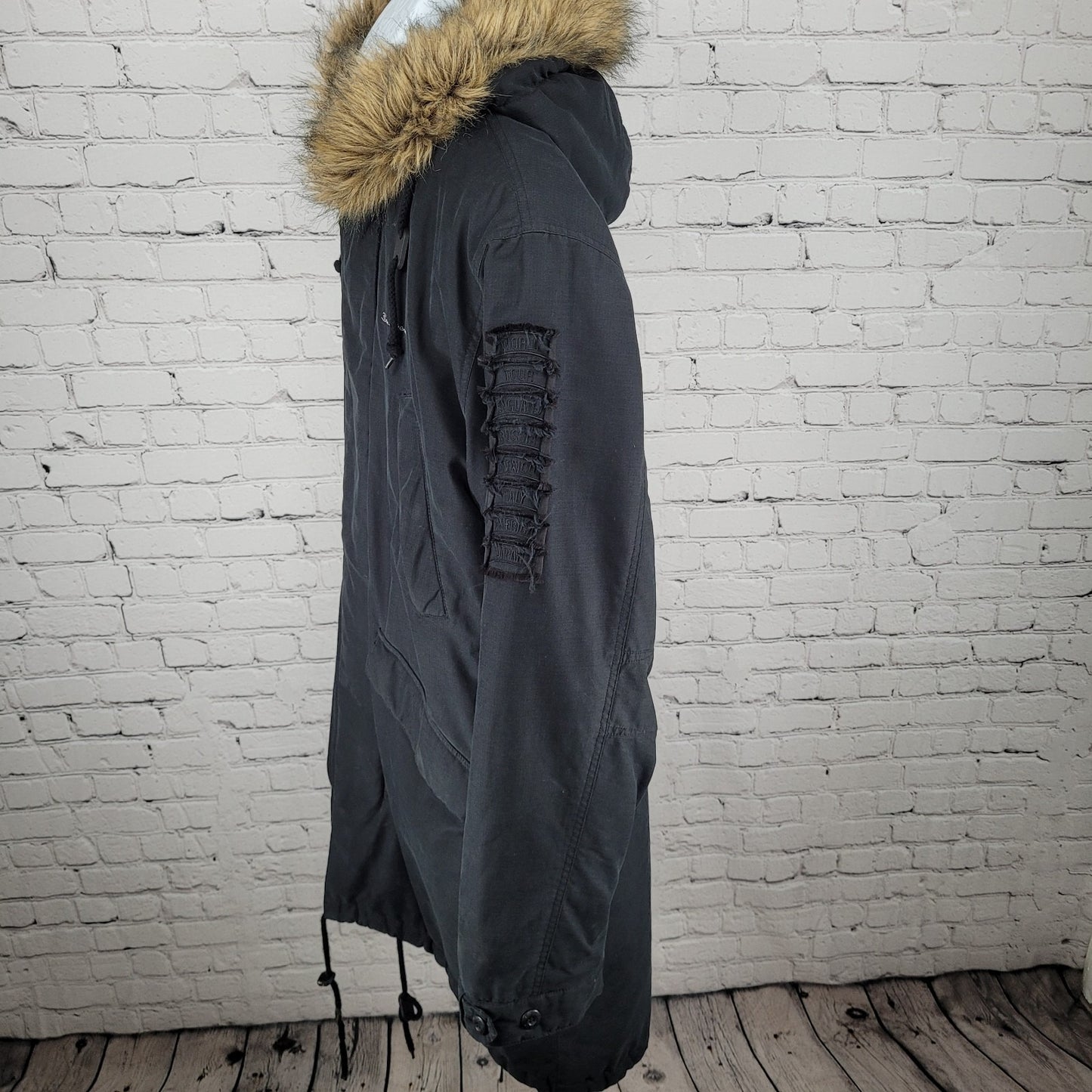 Ben Sherman Black World Tour Fur Hooded Full Zip Insulated Parka Coat Size 3 L