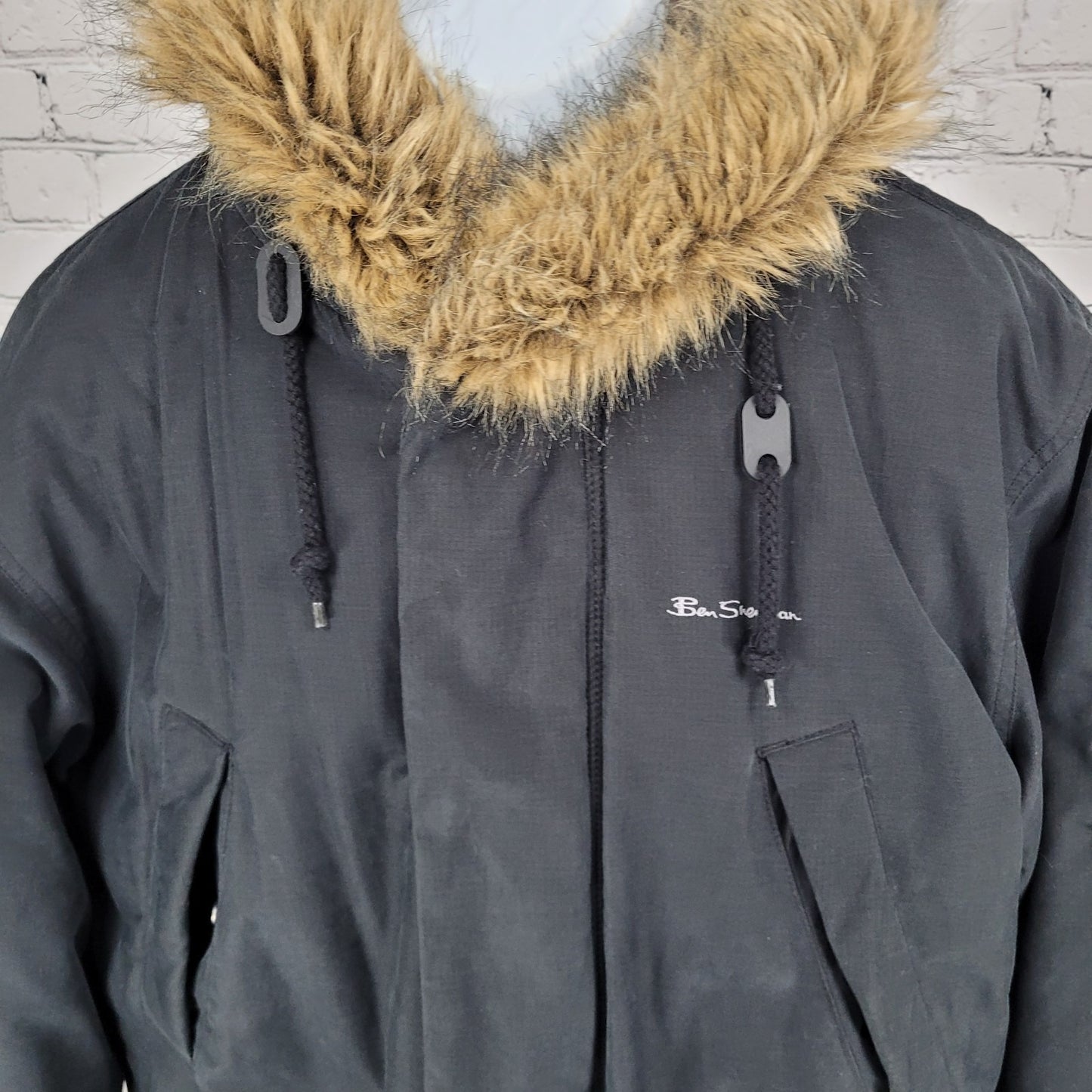 Ben Sherman Black World Tour Fur Hooded Full Zip Insulated Parka Coat Size 3 L