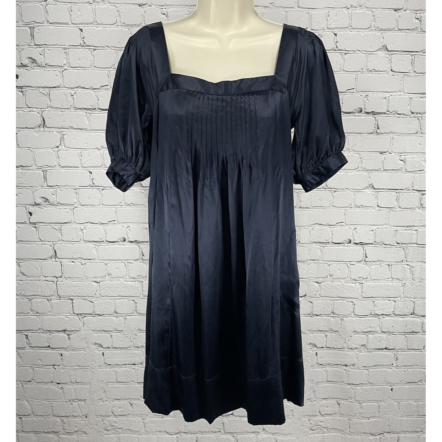 Laundry By Design Dark Blue Silk Pleated Puff Sleeve Lined Pockets Zip Dress 2