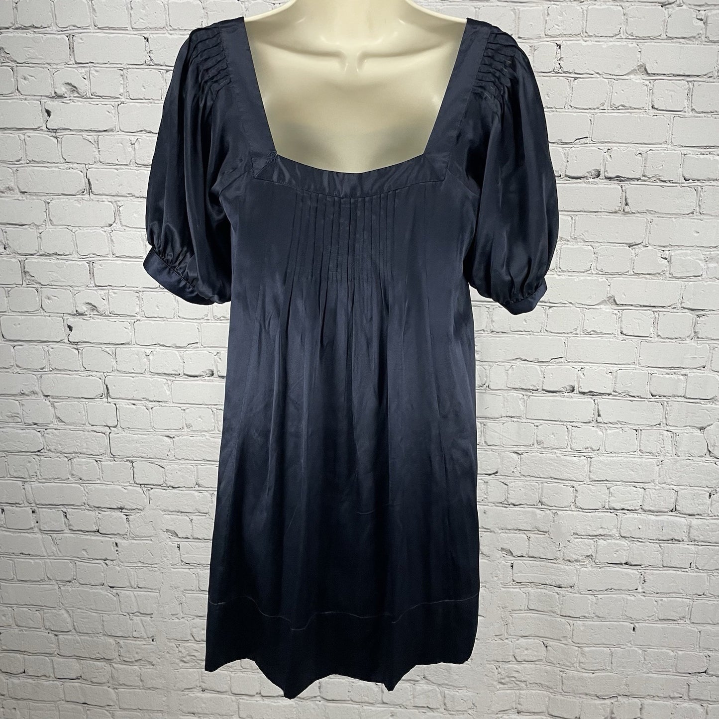 Laundry By Design Dark Blue Silk Pleated Puff Sleeve Lined Pockets Zip Dress 2