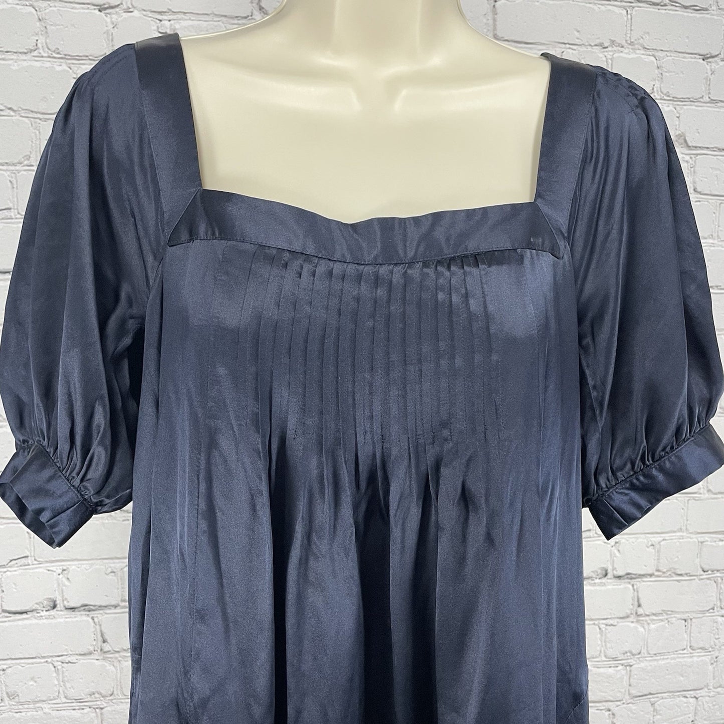 Laundry By Design Dark Blue Silk Pleated Puff Sleeve Lined Pockets Zip Dress 2