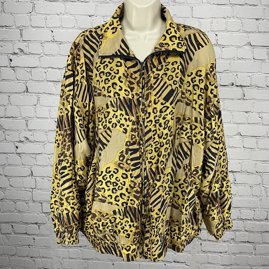 Rhoda Lynne Yellow Silk Animal Print Lightweight Windbreaker Jacket Size 1XL
