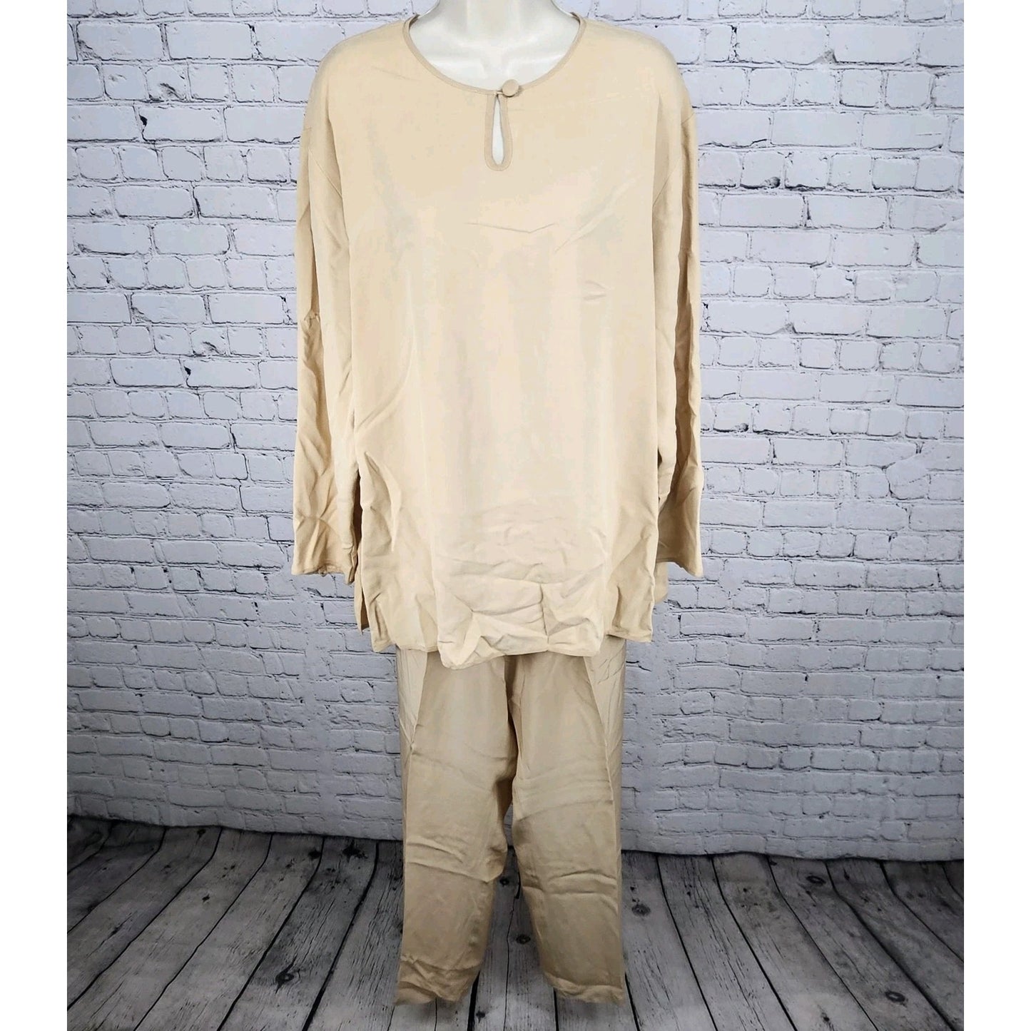 VTG Neiman Marcus Beige 100% Silk Matching 2 Piece Outfit Set Long Sleeve Top XL