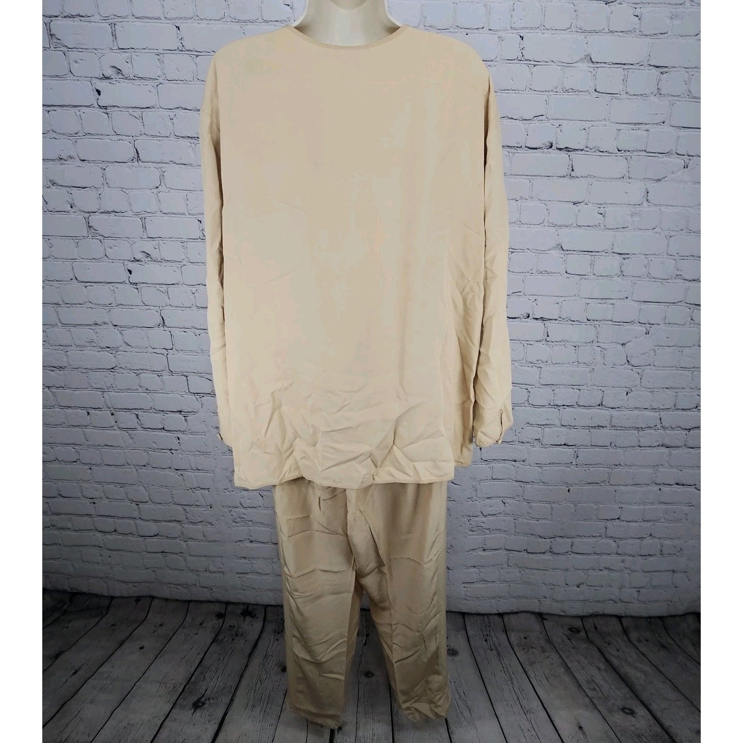 VTG Neiman Marcus Beige 100% Silk Matching 2 Piece Outfit Set Long Sleeve Top XL