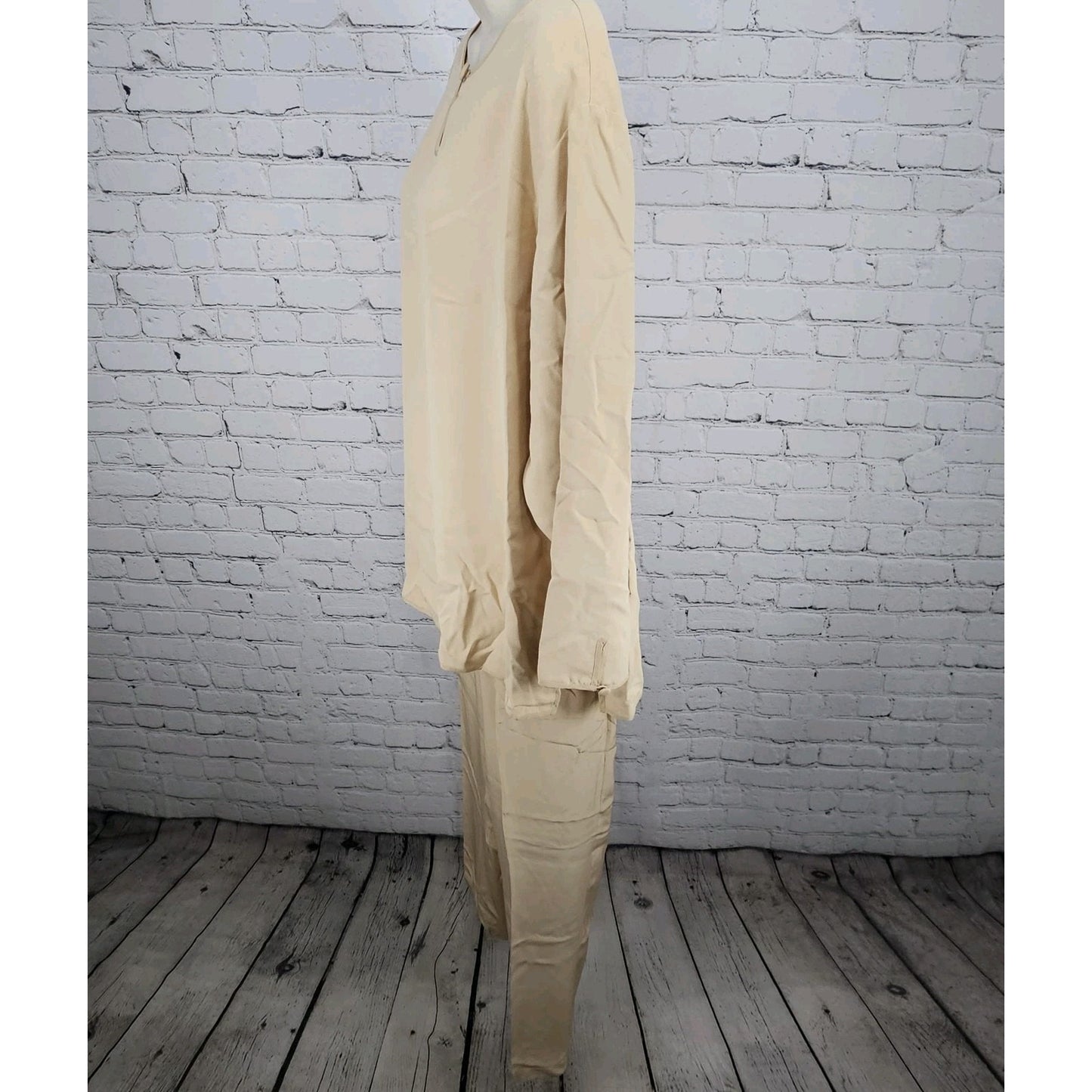 VTG Neiman Marcus Beige 100% Silk Matching 2 Piece Outfit Set Long Sleeve Top XL
