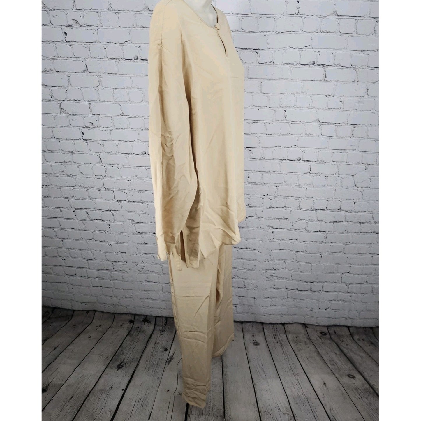 VTG Neiman Marcus Beige 100% Silk Matching 2 Piece Outfit Set Long Sleeve Top XL