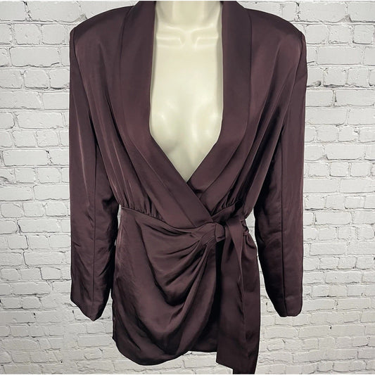 Misha Purple Azera Port Silky Wrap Long Sleeve Shoulder Pads Blouse Top Small S