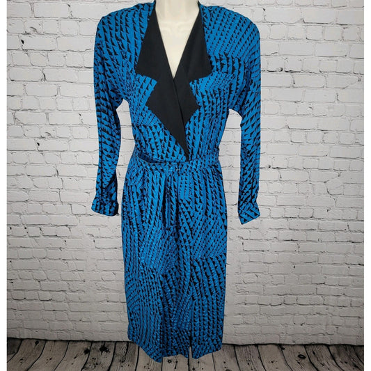 VTG Neiman Marcus Blue 100% Silk Belted Long Sleeve Collared Midi Dress Size 8
