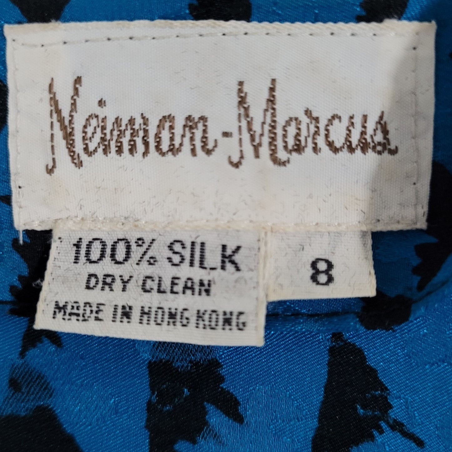 VTG Neiman Marcus Blue 100% Silk Belted Long Sleeve Collared Midi Dress Size 8