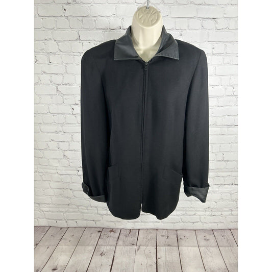 LIMITED Black Wool Shell Genuine Leather Trim Full Zip Collared Womens Jacket 10