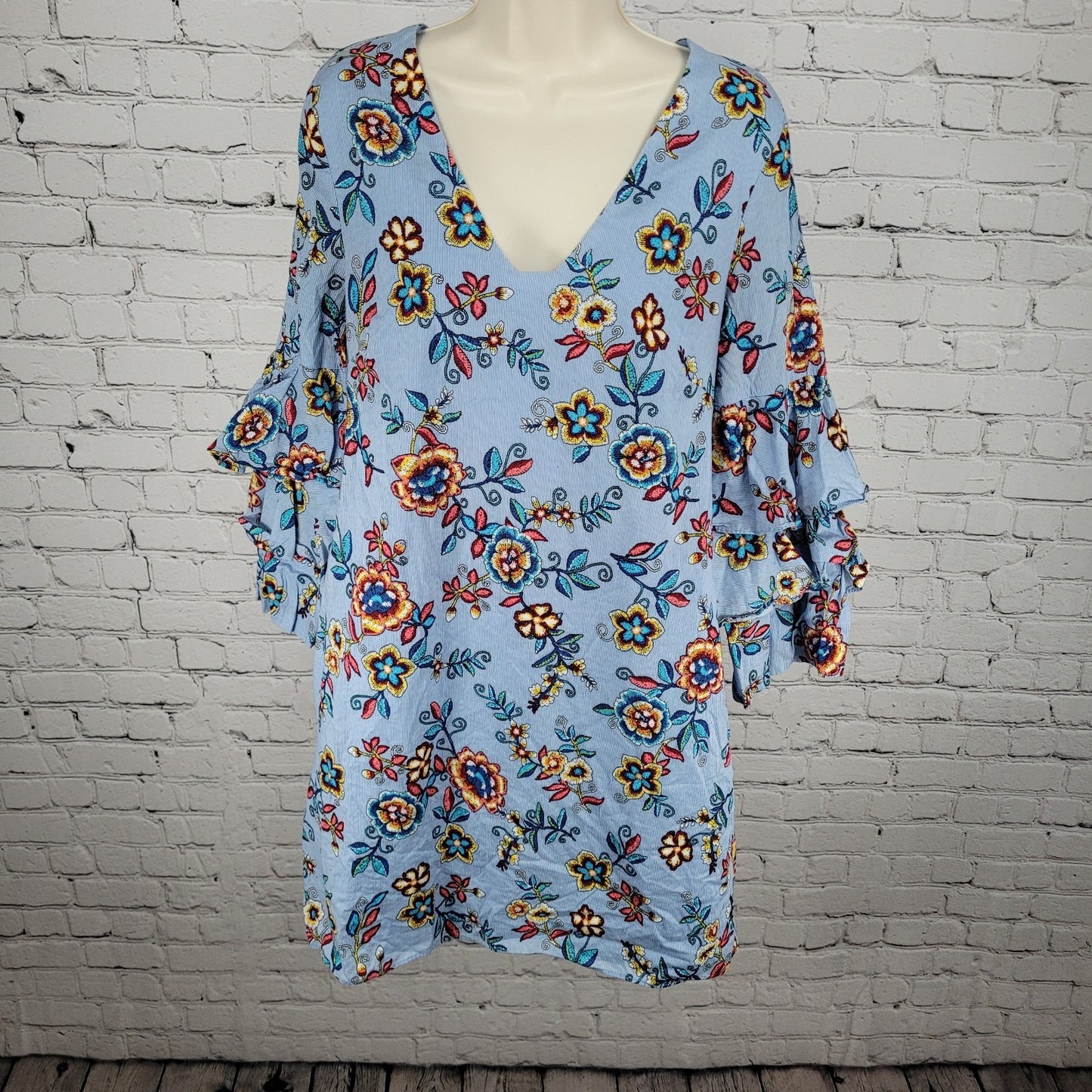 Nicole Miller New York Blue Pinstriped Floral Layered Long Sleeve Lined Dress 6