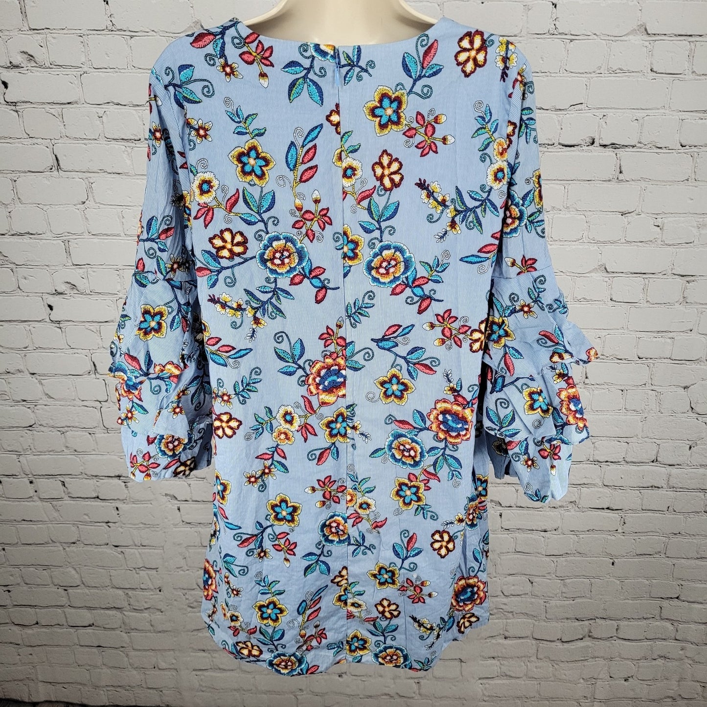 Nicole Miller New York Blue Pinstriped Floral Layered Long Sleeve Lined Dress 6