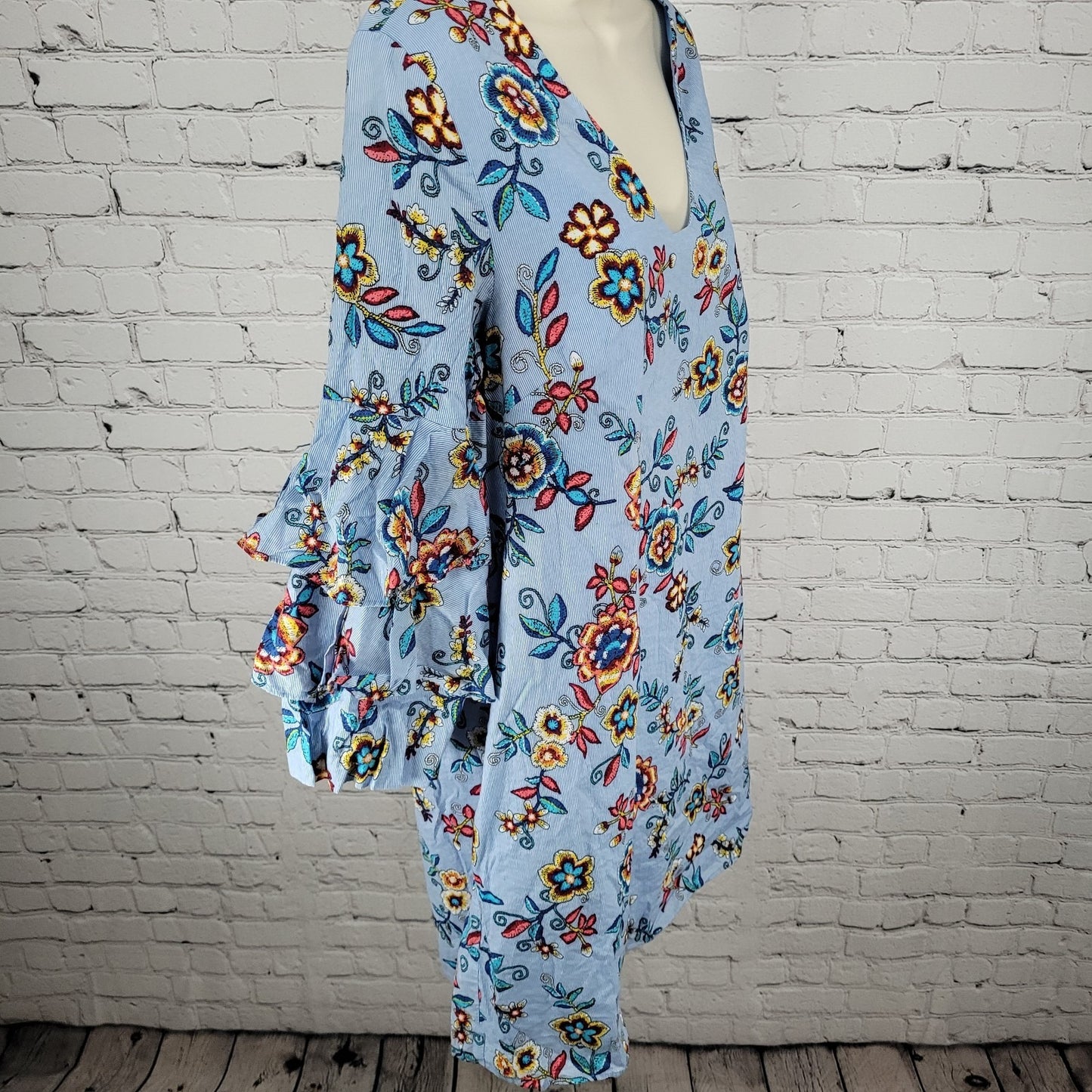 Nicole Miller New York Blue Pinstriped Floral Layered Long Sleeve Lined Dress 6