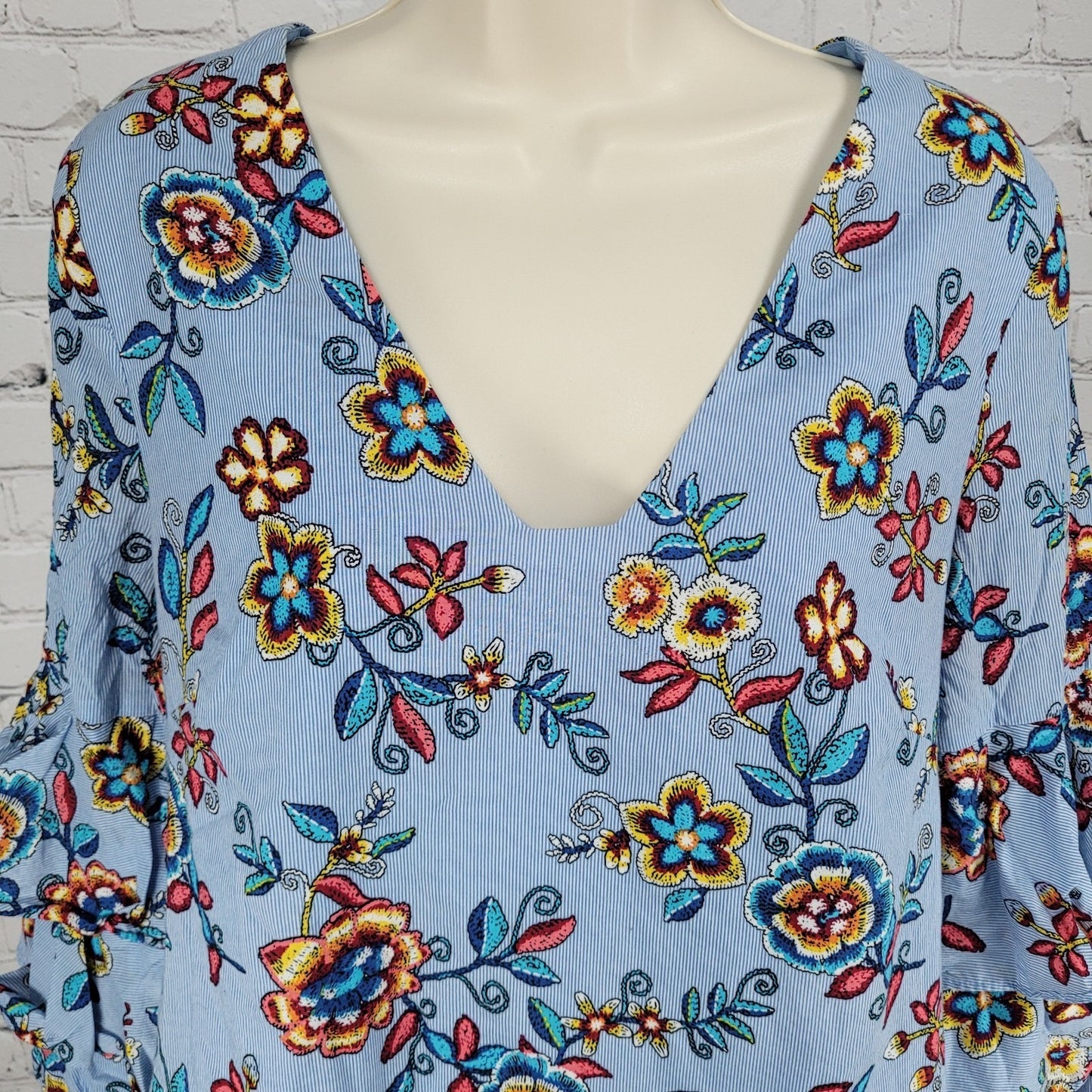 Nicole Miller New York Blue Pinstriped Floral Layered Long Sleeve Lined Dress 6