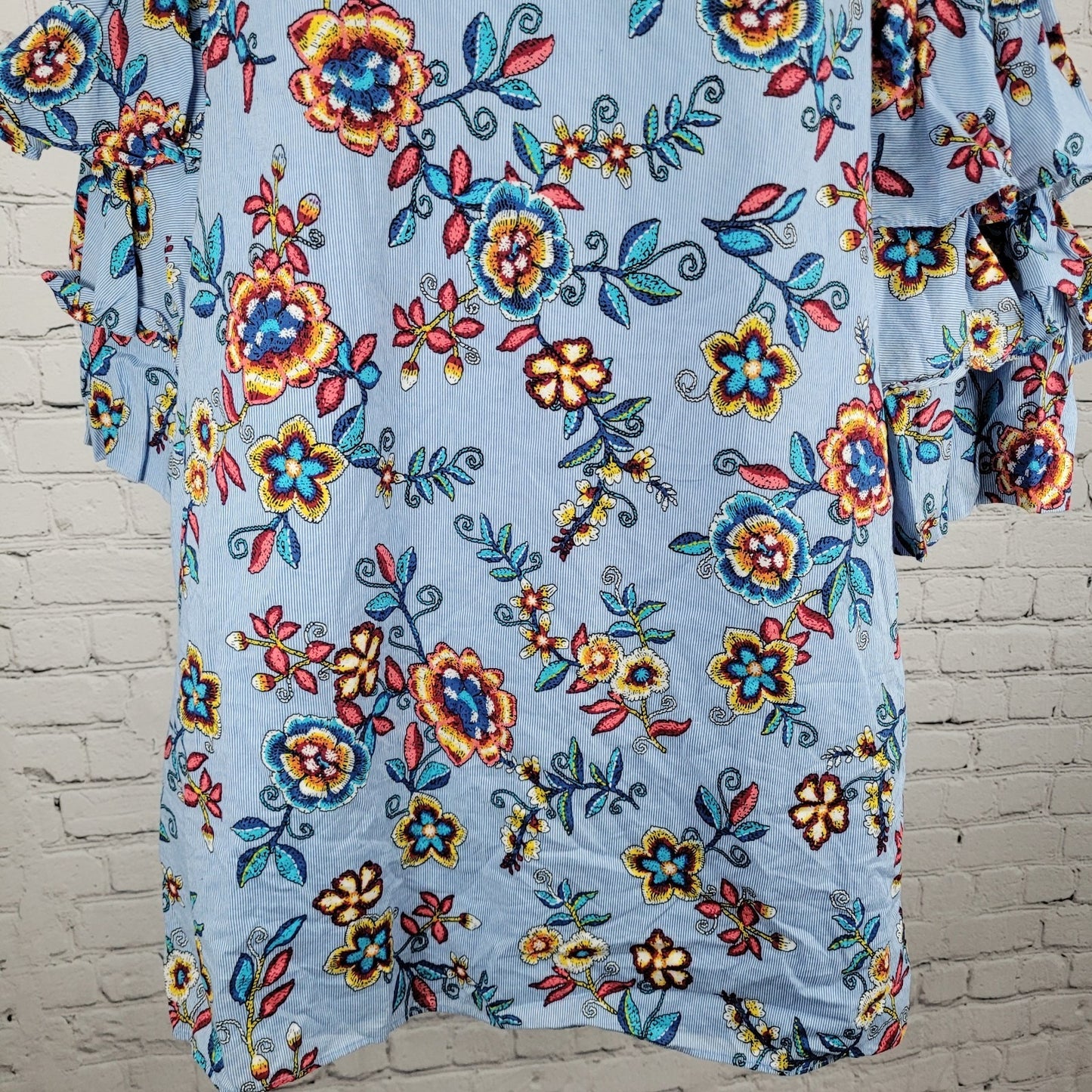 Nicole Miller New York Blue Pinstriped Floral Layered Long Sleeve Lined Dress 6