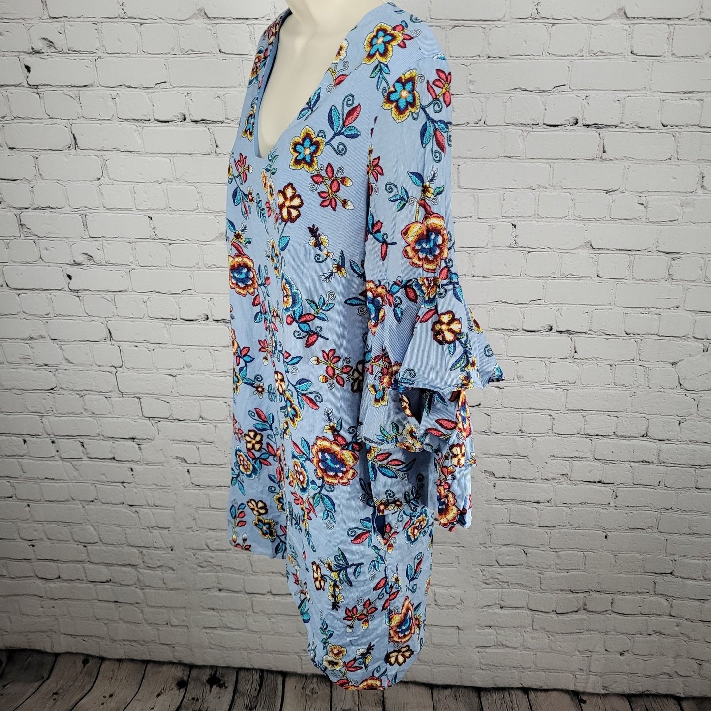 Nicole Miller New York Blue Pinstriped Floral Layered Long Sleeve Lined Dress 6