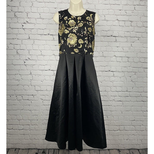 Closet London Black Gold Sequin Fit & Flare Maxi Zipped Pockets Dress Size 8