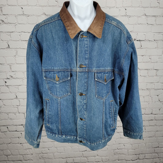 VTG Marlboro Country Store Blue Denim Leather Collar Button Jean Jacket Size XL